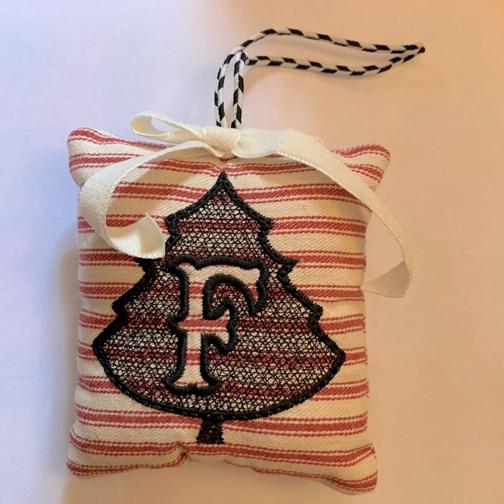 F monogram pillow Christmas tree ornament